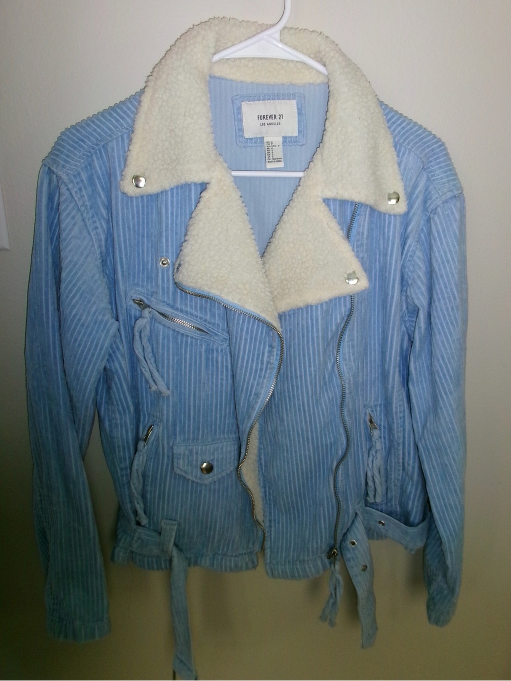 Forever 21 Pale Blue Corduroy Teddy-Lined Moto Jacket Size S - Used